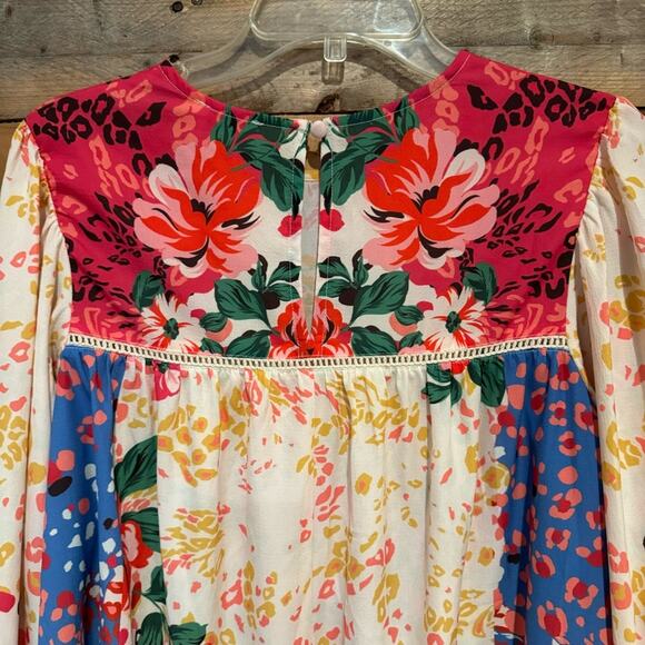 UMGEE Mixed Print Crochet Trim Dress Cream/Blue Floral Animal Print S Coquette - Picture 11 of 13